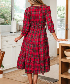 Alternative view of Red Christmas Plaid V Neck 3/4 Sleeve Tie Waist Ruffle Hem Long Dress