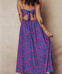 Alternative view of Blue Floral Print Twisted V Neck Tied Backless Maxi Dress