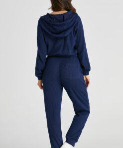Alternative view of Navy Blue Ribbed Knit Cropped Hoodie and Drawstring Joggers Set