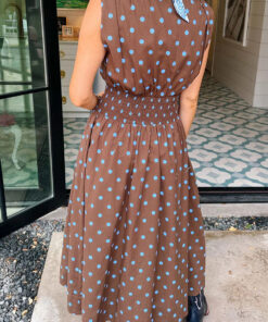 Alternative view of Brown Polka Dot Print Contrast Trim V Neck Zip Up Sleeveless Dress