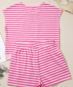 Alternative view of Pink Stripe Cap Sleeve Tee Elastic Waist Shorts 2pcs Outfit
