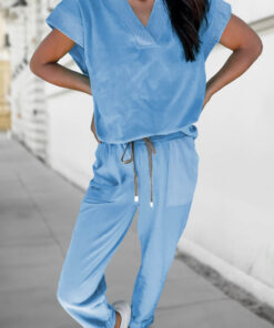 Alternative view of Beau Blue Solid Color V Neck Tee Drawstring Pant Set