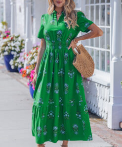 Green Floral Print Split Neck Shirred High Waist Ruffle Hem Maxi Dress