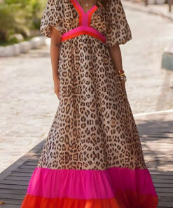 Bright Pink Leopard Colorblock Patchwork Bubble Sleeve Maxi Dress