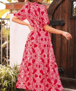 Alternative view of Red Paisley Print Side Slit Puff Sleeve High Waist Maxi Dress