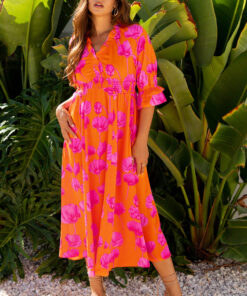 Orange Floral Print Frilly Smocked V Neck 3/4 Sleeve Long Dress