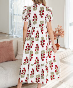 Alternative view of Beige Floral Short Bubble Sleeve Tiered Maxi Dress