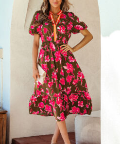 Green Floral Print Striped Trim Split Neck Short Puff Sleeve Ruffle Hem Maxi Dress