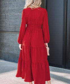 Alternative view of Racing Red Contrast Embroidered Detail Cinched Waist Tiered Long Sleeve Maxi Dress