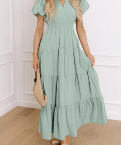 Clearly Aqua Solid Color V Neck Short Puff Sleeve High Waist Tiered Maxi Dress