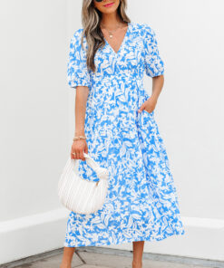 Sky Blue Floral V Neck Puff Short Sleeve Flowy Long Dress