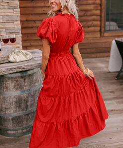 Alternative view of Coral Solid Color V Neck Short Puff Sleeve High Waist Tiered Maxi Dress