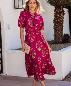 Red Floral Print Frilled V Neck Short Sleeve Ruffle Maxi Dress