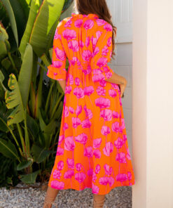 Alternative view of Orange Floral Print Frilly Smocked V Neck 3/4 Sleeve Long Dress