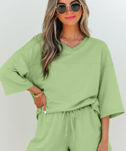 Meadow Mist Green Solid Loose V Neck Half Sleeve Tee and Shorts