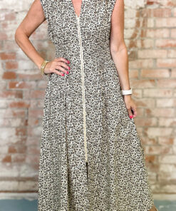 Beige Leopard Zip Front V Neck Cinched Waist Sleeveless Maxi Dress