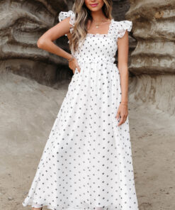 White Polka Dot Flutter Sleeve Square Neck Smocked Maxi Dress