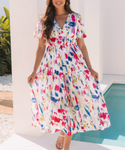 Rose Abstract Print Short Puff Sleeve Tiered Maxi Dress