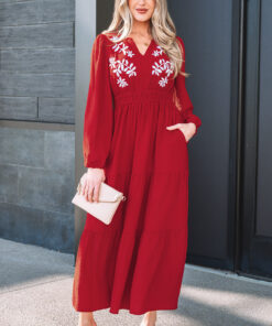 Racing Red Contrast Embroidered Detail Cinched Waist Tiered Long Sleeve Maxi Dress