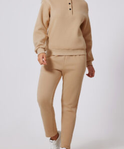 Parchment Solid Half Button Sweatshirt and High Waist Sweatpants Set