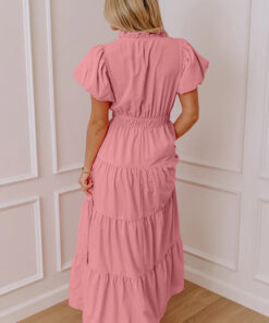 Alternative view of Gossamer Pink Solid Color V Neck Short Puff Sleeve High Waist Tiered Maxi Dress