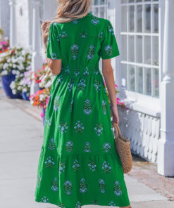 Alternative view of Green Floral Print Split Neck Shirred High Waist Ruffle Hem Maxi Dress