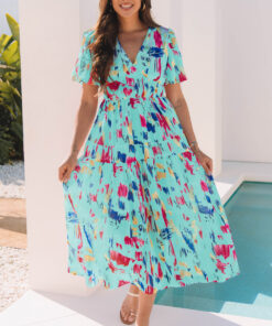 Sky Blue Abstract Print Short Puff Sleeve Tiered Maxi Dress