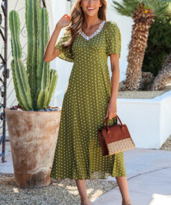 Green Polka Dot Print Lacy Neckline Smocked High Waist Maxi Dress