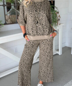 Khaki Jacquard Leopard Half Sleeve Jumper Wide Leg Pant Set