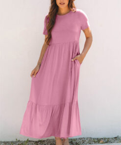 Pink Solid Color T-shirt High Waist Pocketed Long Dress