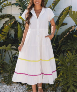 White Colorblock Rickrack Trim Short Sleeve Drawstring Waist Long Dress