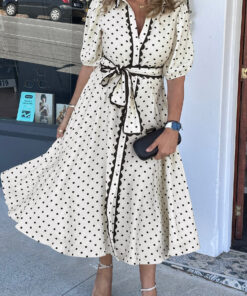 White Polka Dot Printed Contrast Scalloped Trim Shirt Collar Button Down Belted Midi Dress