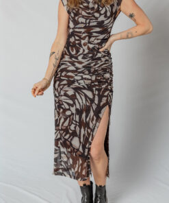 Brown Abstract Print Mesh Cowl Neck Cap Sleeve Ruched Midi Dress with Slit