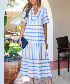 Sky Blue Stripe Ricrac Trim Notched Neck Half Sleeve Vacation Dress