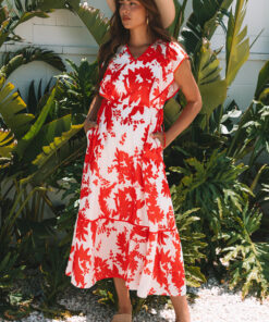 Red Floral Print Trimmed V Neck Ruffle Sleeve Long Dress