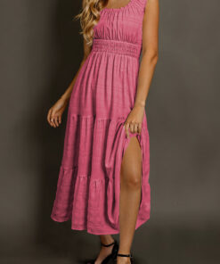 Rose Shirred Pleated Square Neck Sleeveless Midi Dress