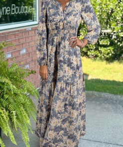 Sky Blue Floral Print Smocked High Waist Long Sleeve Maxi Dress