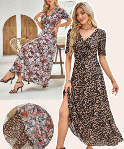 Brown Mesh Leopard Floral Reversible V Neck Short Sleeve Dress