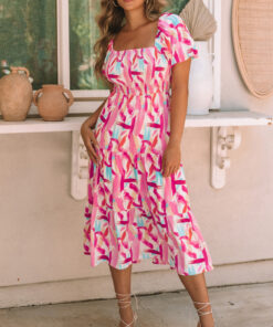 Pink Brush Stroke Printed Smocked Ruffle Tiered Dress