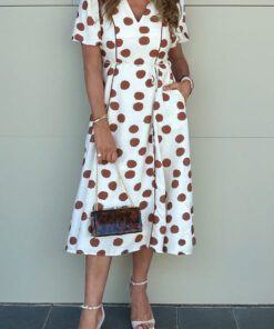 White Polka Dot Printed V Neck Short Sleeve Tie Waist Midi Dress