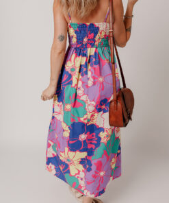 Alternative view of Purple Floral Print Shirred Spaghetti Strap Loose Maxi Dress
