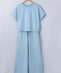 Alternative view of Mist Blue Solid Color Loose Tee Drawstring Wide Leg Pants 2pcs Outfit