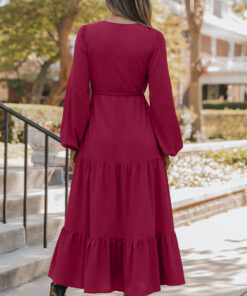 Alternative view of Burgundy Solid Long Sleeve Button V Neck Tiered Maxi Dress