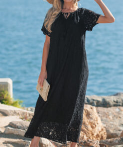 Black Floral Lace Overlay Tassel Tie Short Sleeve Beach Vacation Loose Maxi Dress