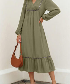 Alternative view of Four Leaf Clover Collared V Neck Smocked Detail Contrast Leopard Trim Bracelet Sleeve Long Dress