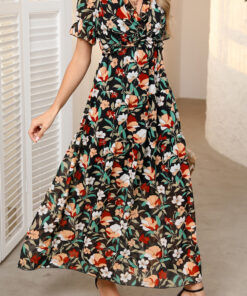 Black Fiery Floral Print Frilled V Neck Short Sleeve Maxi Dress