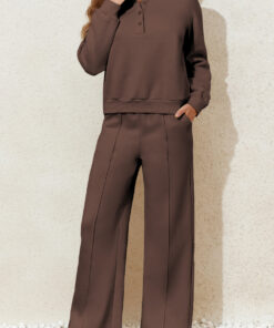 Dark Brown Solid Collared Sweatshirt and High Waist Pants Active Set