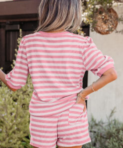 Alternative view of Pink Stripe Puff Short Sleeve T Shirt Matching Shorts Set