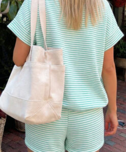 Alternative view of Green Stripe Cuffed Sleeve Contrast Mock Neck Tee Casual 2pcs Short Set