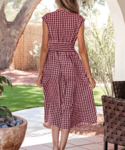 Alternative view of Red Plaid Print Full Zipper Cinched Waist Fit Flare Sleeveless Maxi Dress